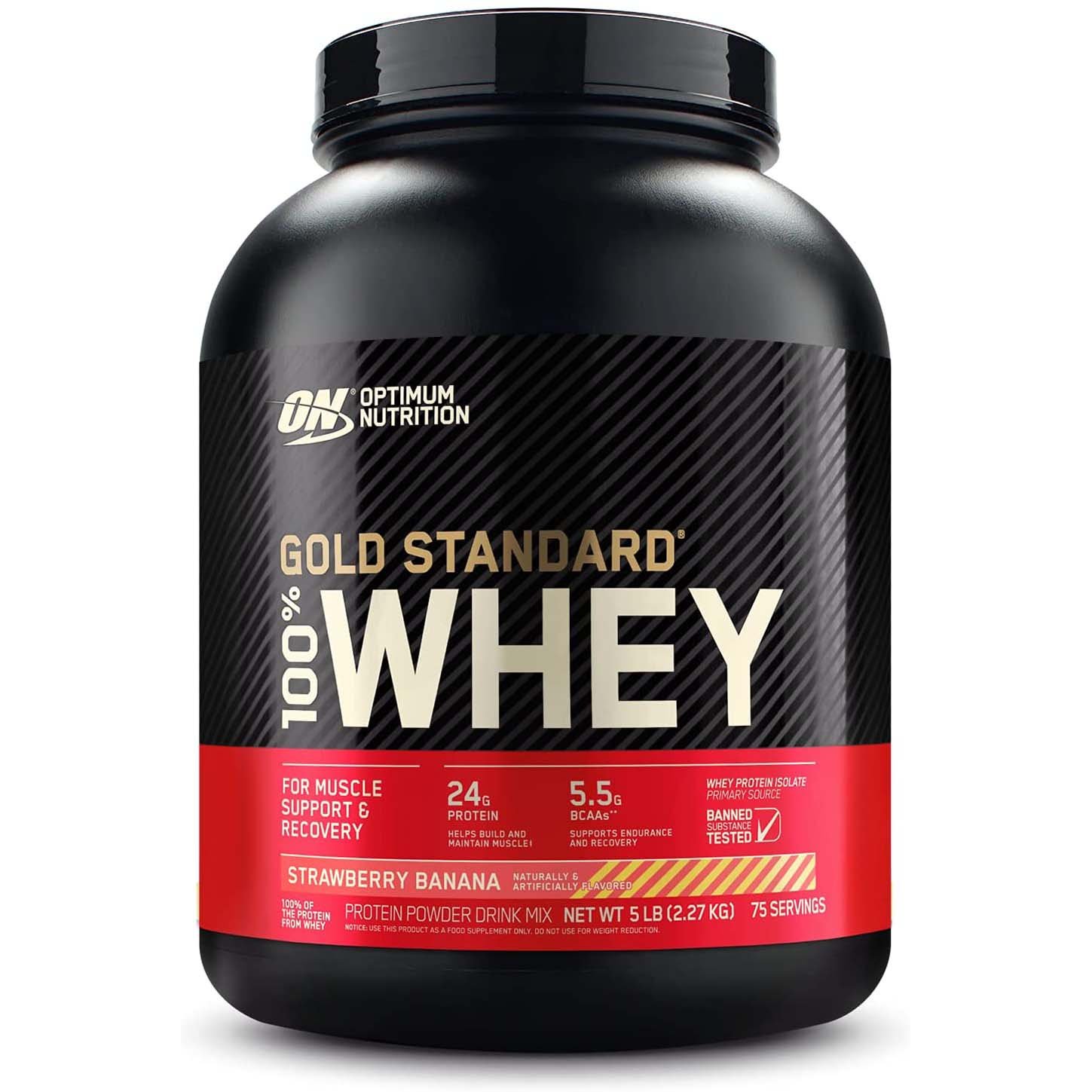 BrXnBu28uB2ARBKpC8bSgsCz7reLVnaw0DwkSJbX Optimum Nutrition Gold Standard 100% Whey Protein, Strawberry Banana, 5 LB - Image 1
