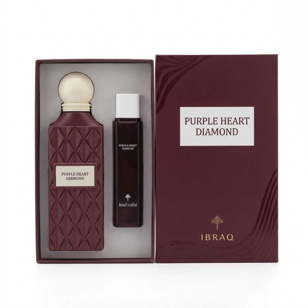 2026/10/IMG-20261014-WA0303.jpg IBRAQ Purple Heart Diamond Perfume & Pocket Spray Set (150ml + Travel Spray) - Image 1